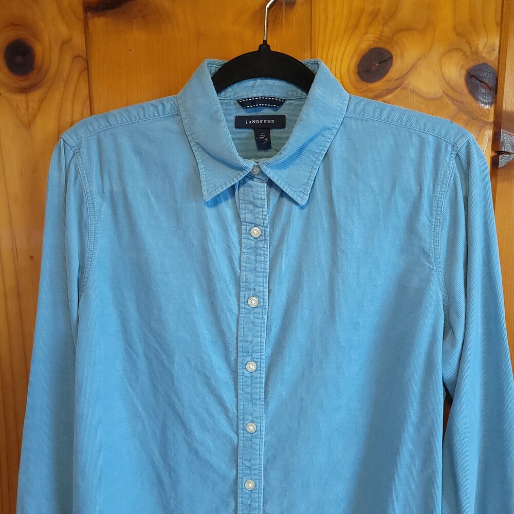 Lands' End Medium Blue Cotton Button Up Shirt Corduroy